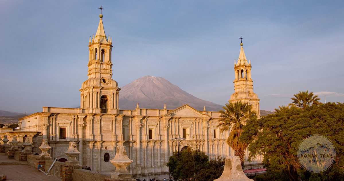Arequipa Cathedral with the El Misti volcano behind it, Peru