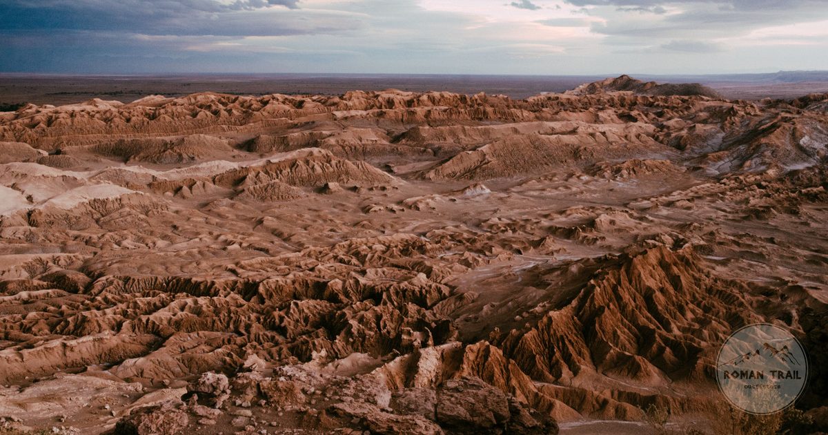 The rugged terrain of the Valle de la Luna in the Atacama Desert, Chile