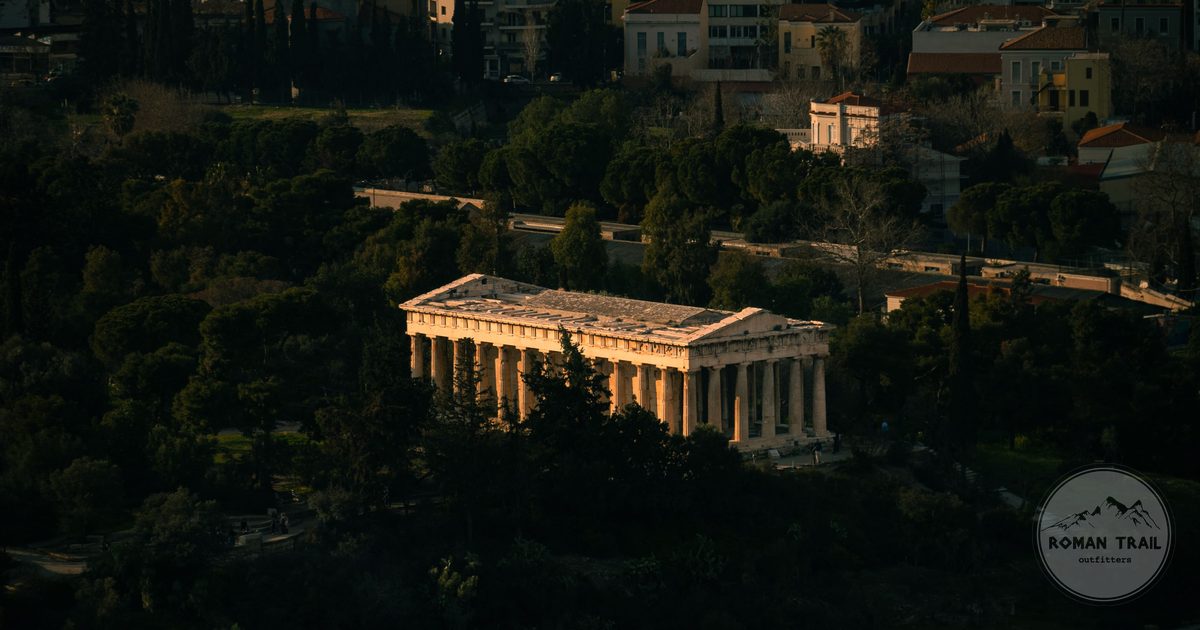 The Temple of Hephaestus in the Ancient Agora at dusk, Athens for women travelers
