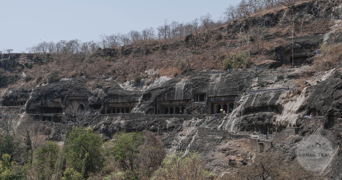 The Ajanta Caves cut into the rock of the Maharashtra landscape, India