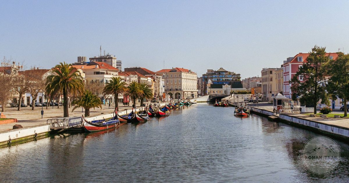Colourful moliceiro boats on the central canal at Aveiro, Portugal