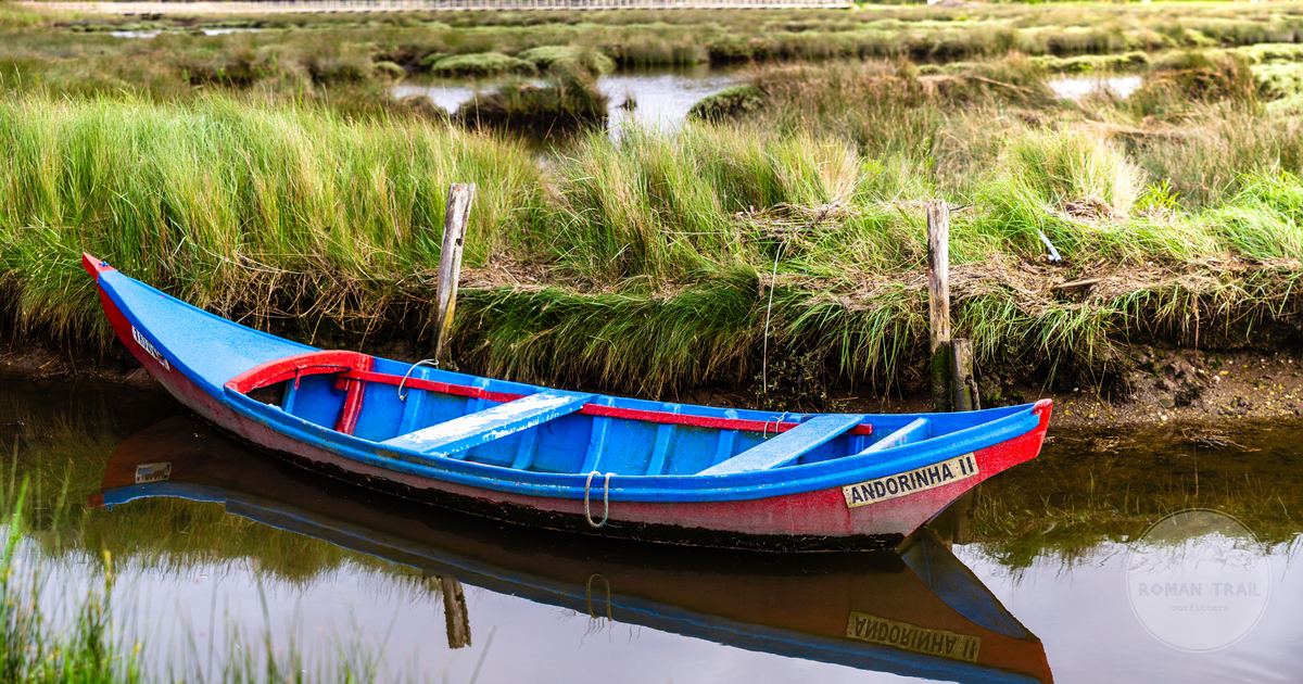 A painted moliceiro boat on the canals at Aveiro, Portugal