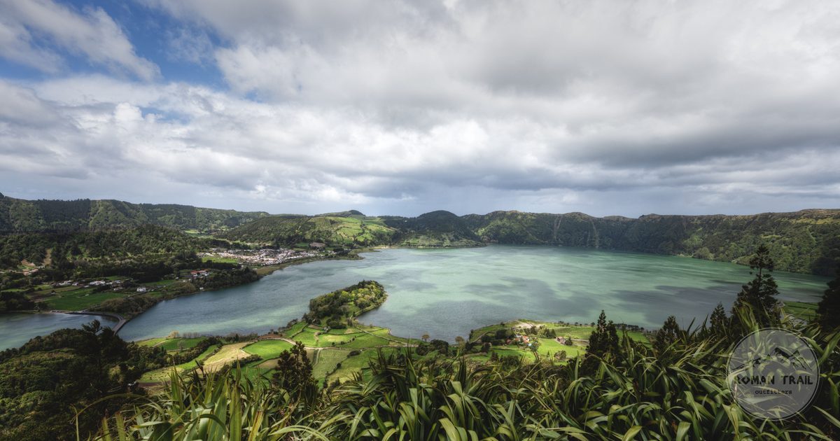 Lagoa das Sete Cidades surrounded by green crater walls, Azores