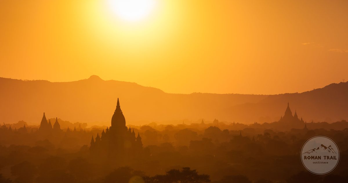 Temples of Bagan silhouetted at sunset, Myanmar