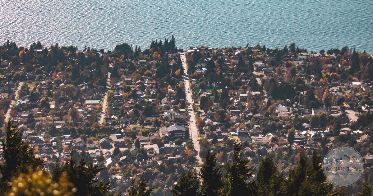 Aerial view of San Carlos de Bariloche with Llao Llao behind, Argentina