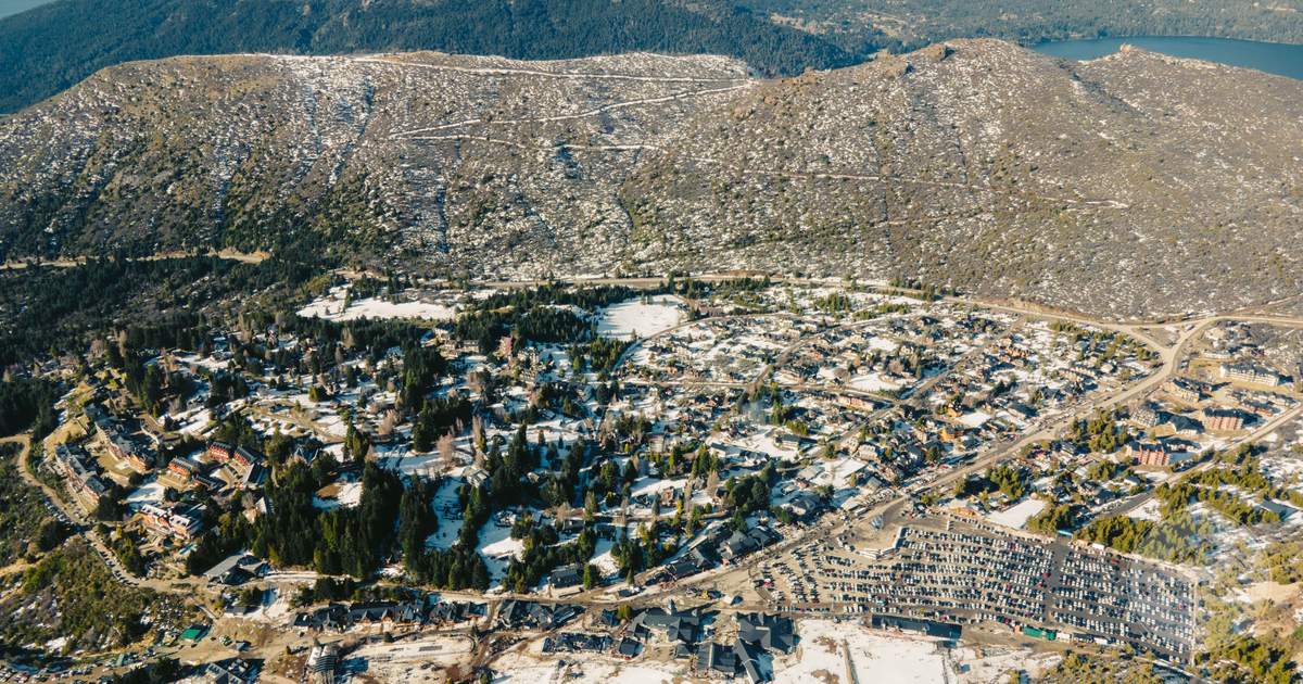 Snow-covered San Carlos de Bariloche from above, Argentina