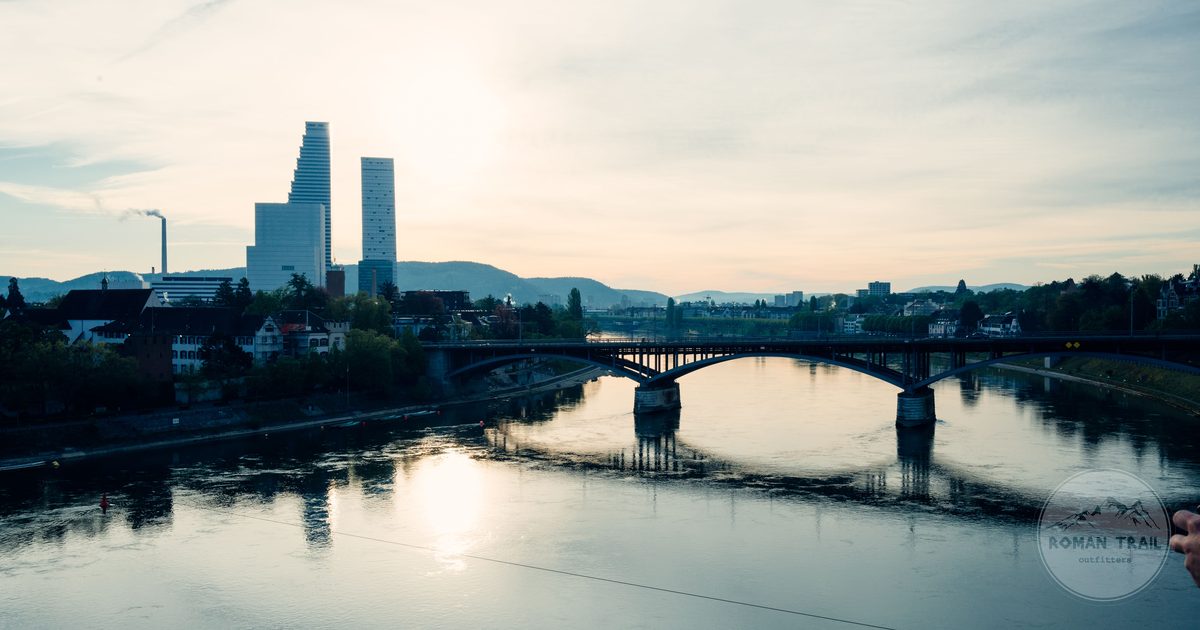 The Basel skyline and the Rhine at sunset, Switzerland