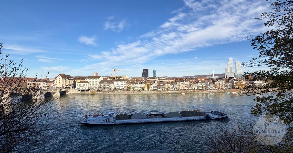 A boat on the Rhine at Basel under a blue sky, Switzerland
