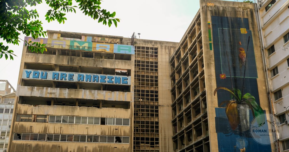 Murals on a weathered building in Beirut, Lebanon