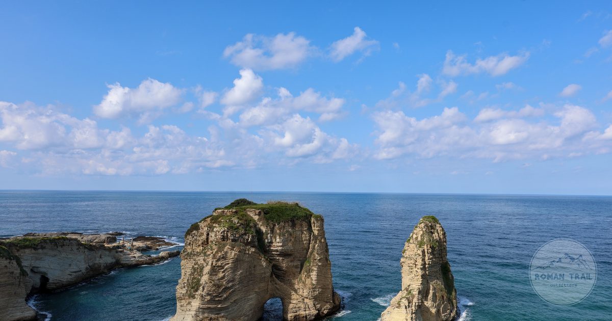 The Pigeon Rocks off the coast of Beirut, Lebanon, under a clear sky