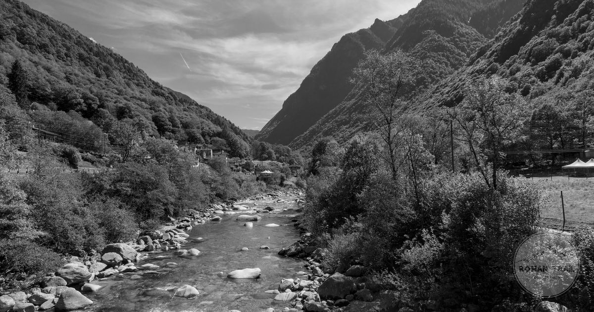 The river and wooded slopes of the Valle Verzasca, Ticino, Switzerland