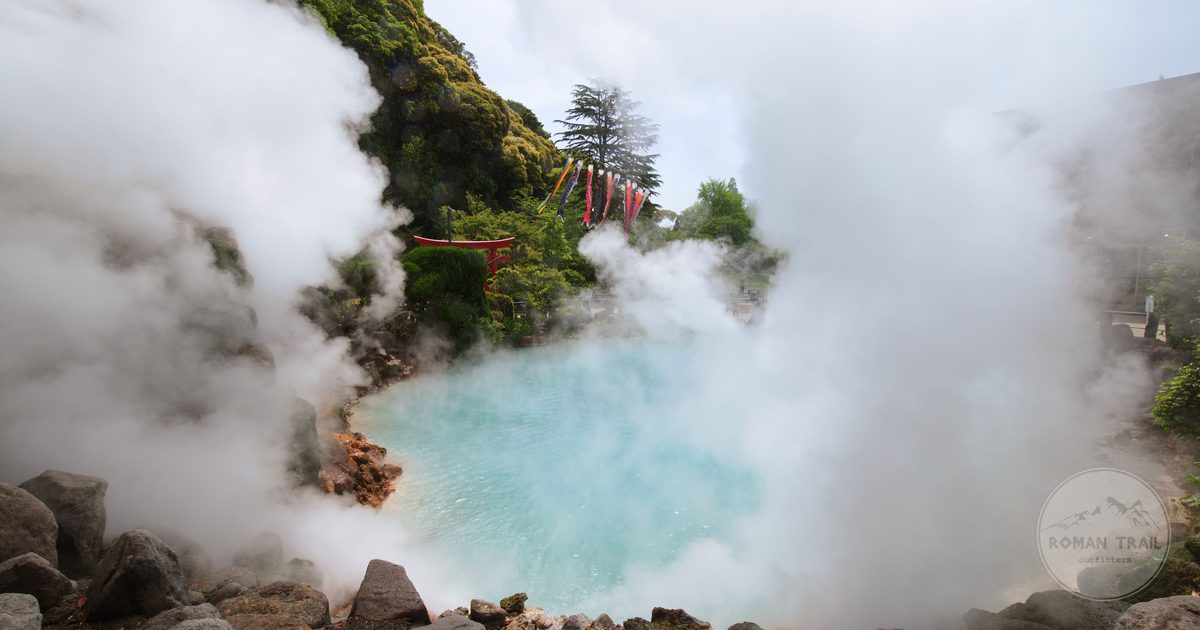 A geothermal hot spring with rising steam at Beppu, Japan