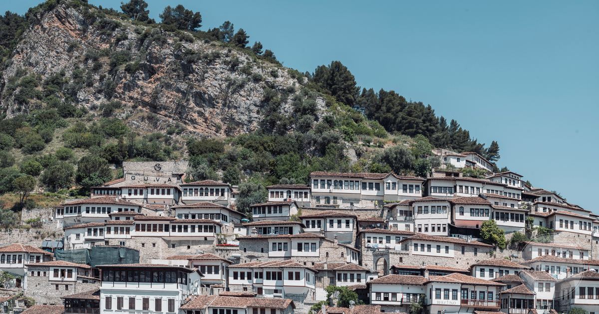 Ottoman houses stacked on the hillside at Berat, Albania
