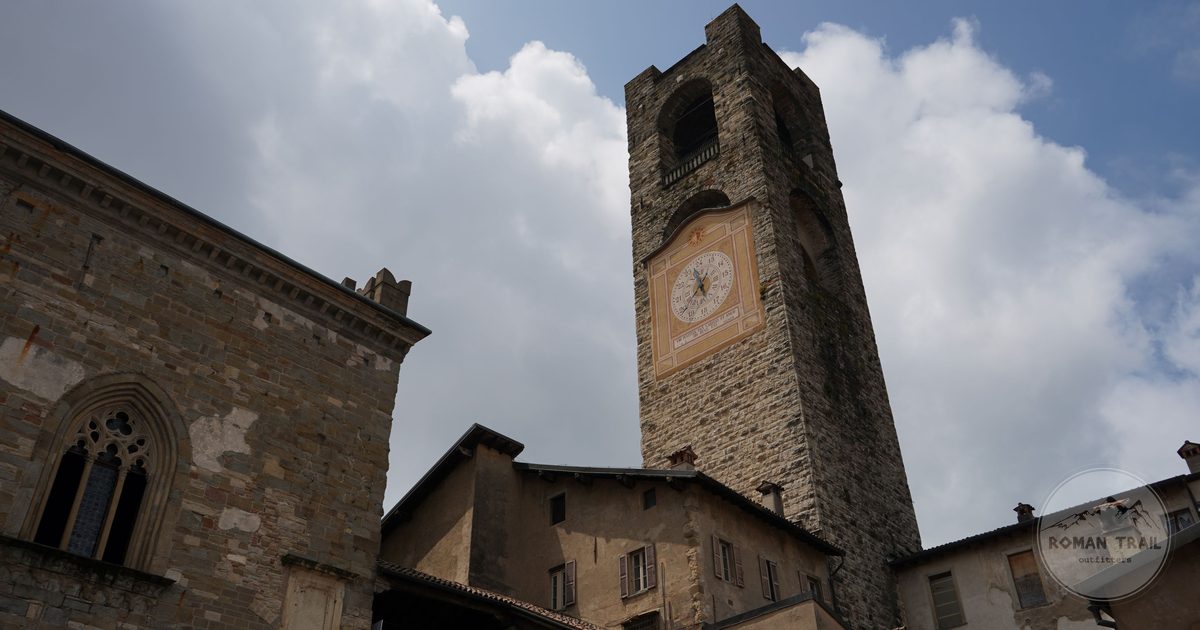 The clock tower in the Citta Alta of Bergamo, Lombardy, Italy