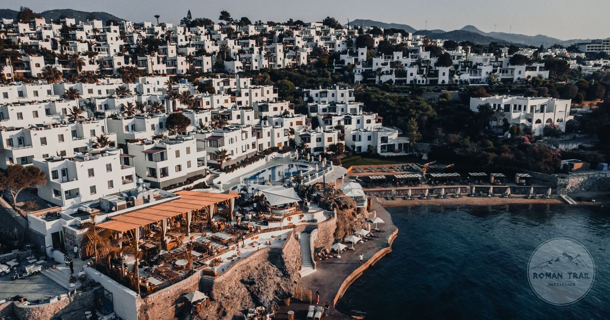 Aerial view of the whitewashed buildings along the coast at Bodrum, Turkiye