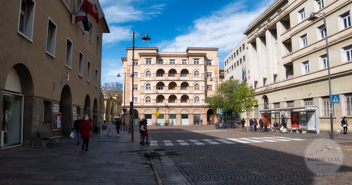 A city street and historic architecture at Bozen, South Tyrol, Italy