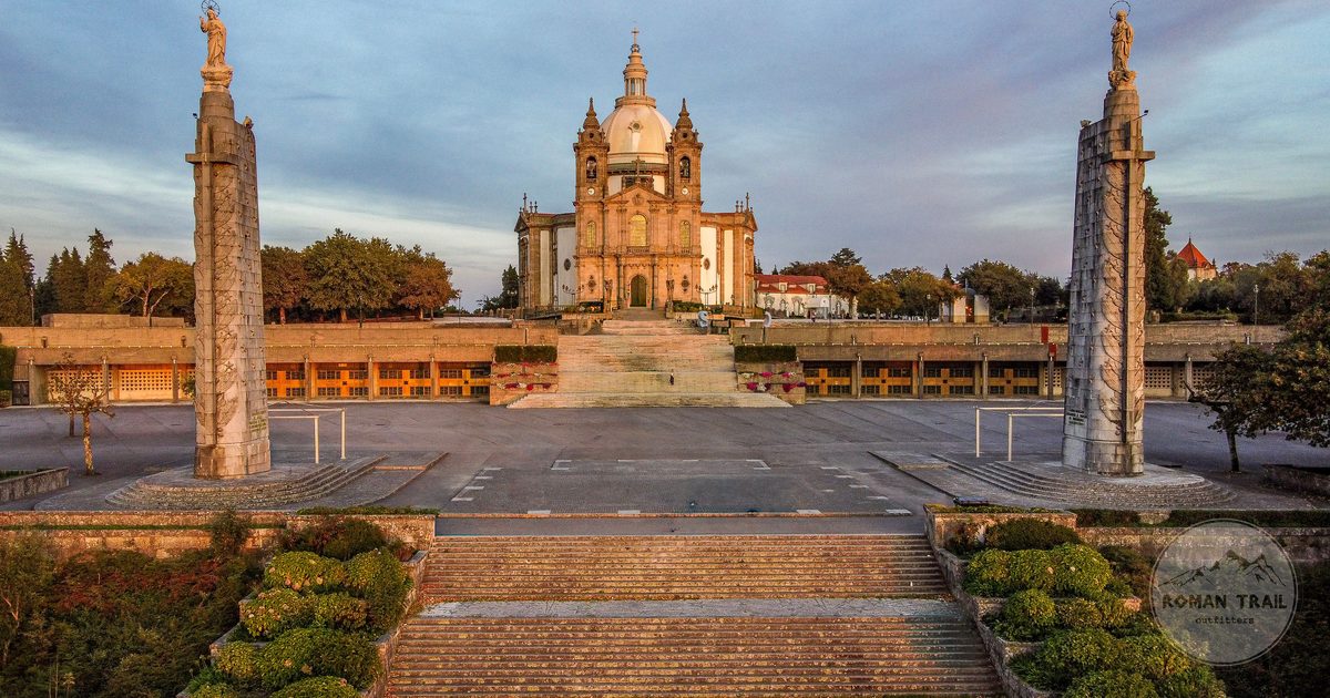 Aerial view of the Bom Jesus do Monte sanctuary at sunset, Braga, Portugal