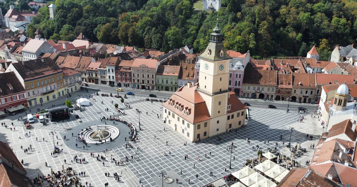 Aerial view of the town square and historic architecture in Brasov, Romania