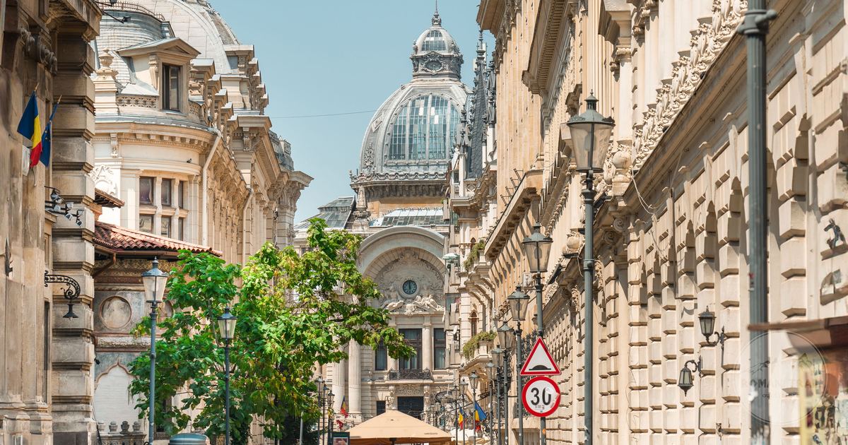A historic street and architectural landmarks in Bucharest, Romania