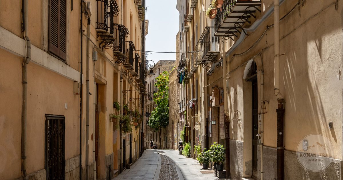 A narrow street in the historic district of Cagliari, Sardinia, Italy