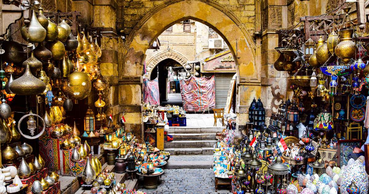 Lanterns and traditional crafts on display in a Cairo bazaar, Egypt