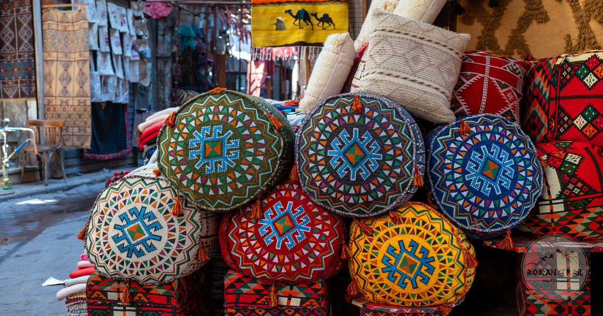 Handmade textiles and crafts on a Cairo market street, Egypt