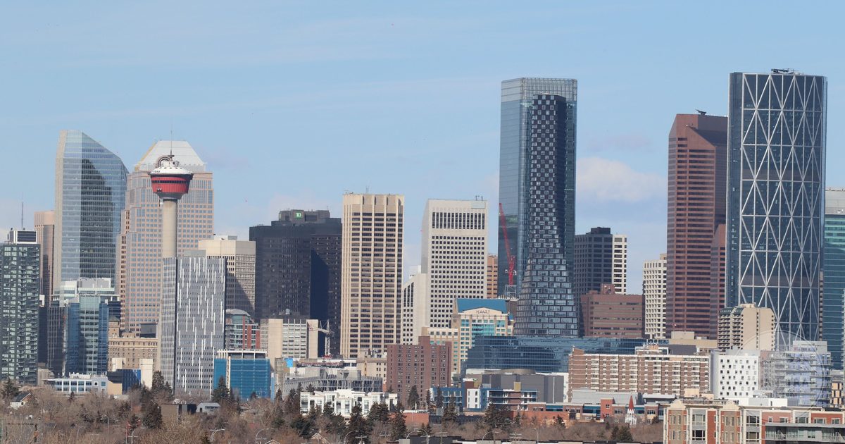 The Calgary Tower above the city skyline, Alberta, Canada