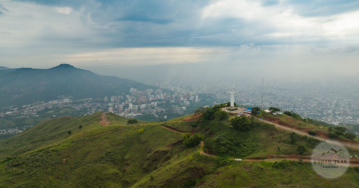 Aerial view of the Cristo Rey statue above Cali, Colombia