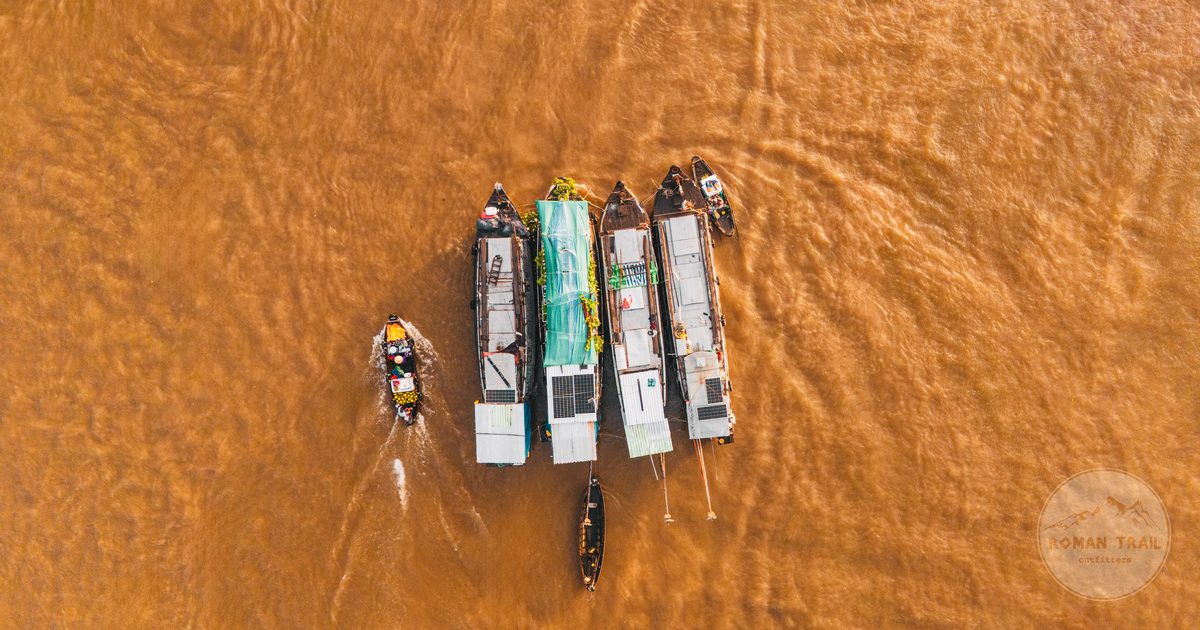 Aerial view of boats at the Cai Rang floating market, Can Tho, Vietnam