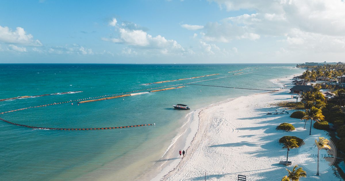 Aerial view of the white sand beach at Playa del Carmen, Mexico
