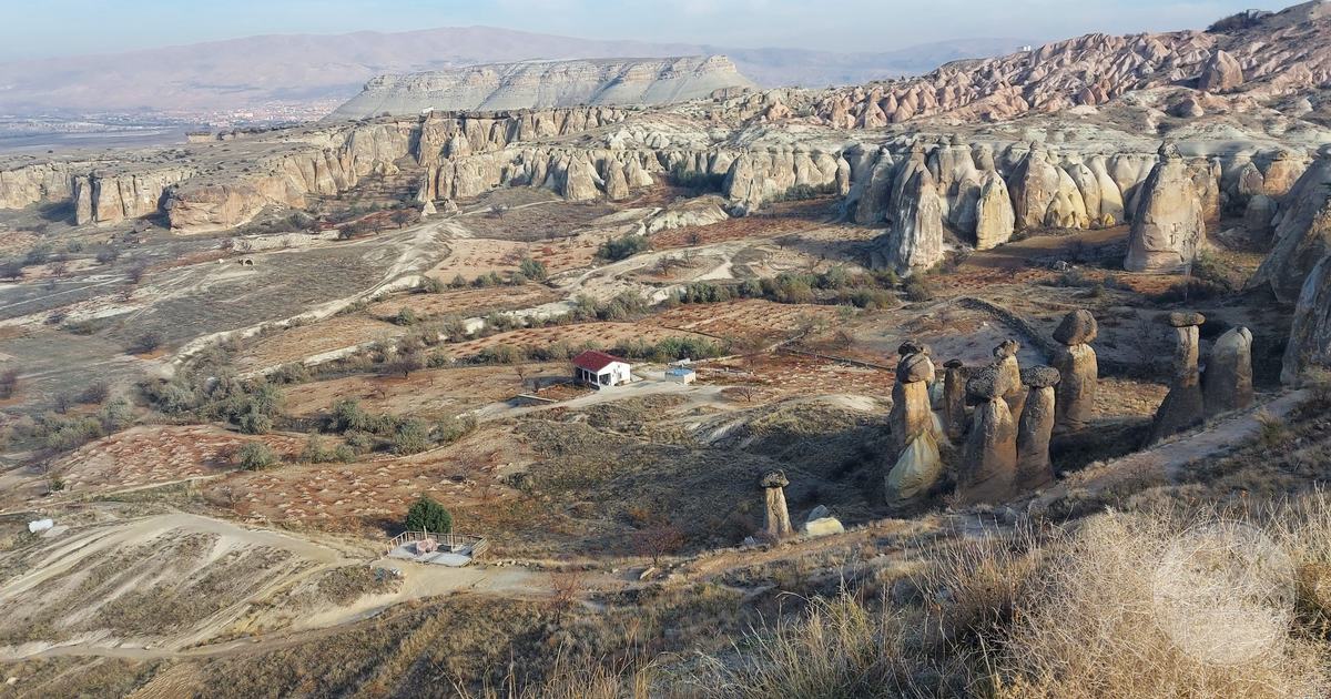 Aerial view of the fairy chimneys and valleys of Cappadocia, Turkey