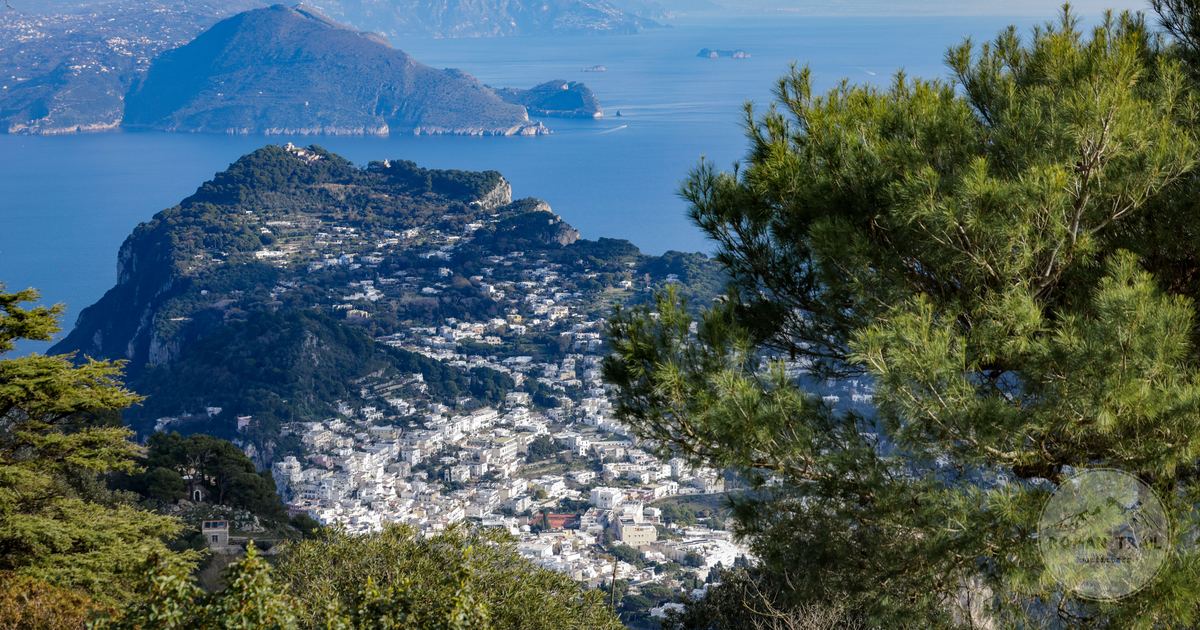 Aerial view of Capri island and the Mediterranean coast, Italy