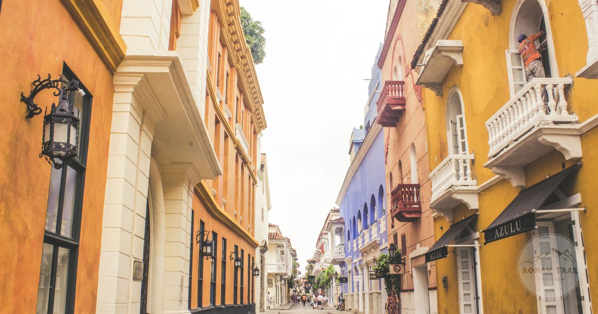 Colourful colonial facades on a street in Cartagena, Colombia