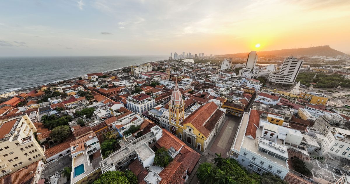 Aerial view of Cartagena's historic district at sunset, Colombia