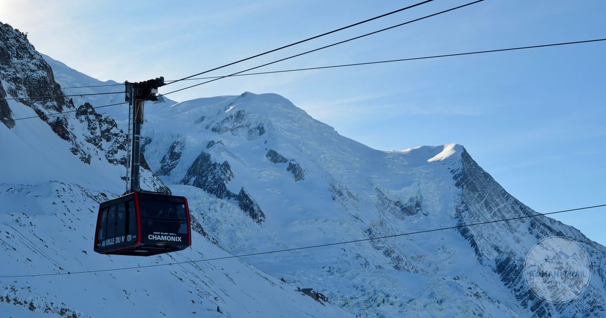 Cable car ascending the Aiguille du Midi below Mont Blanc, Chamonix, France