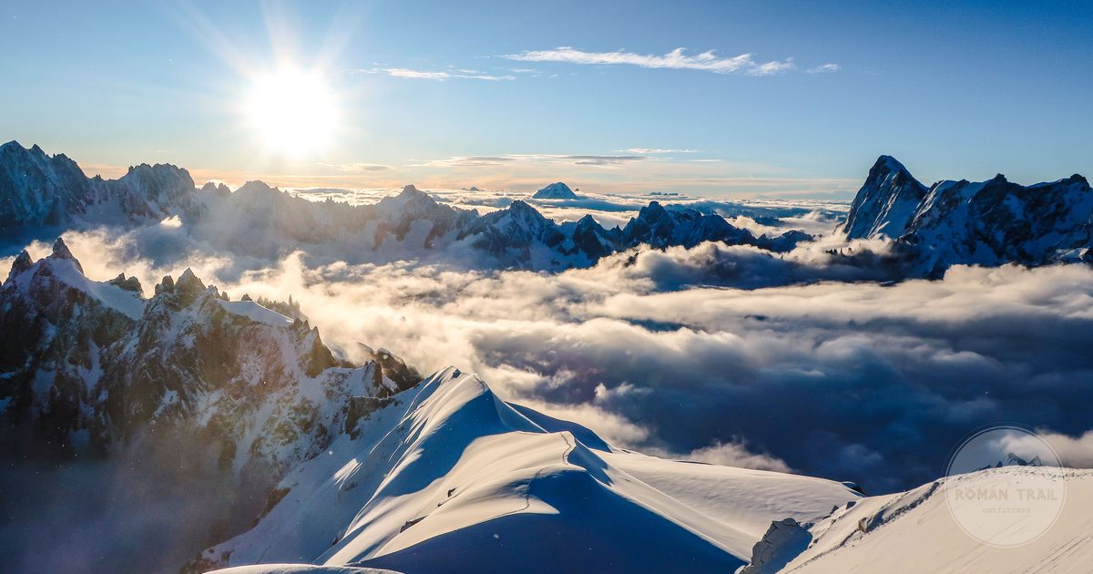 Sunset over snow-capped peaks at Chamonix-Mont-Blanc, France