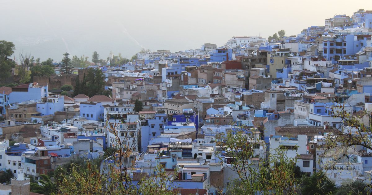 Chefchaouen's blue buildings nestled in the Rif Mountains, Morocco