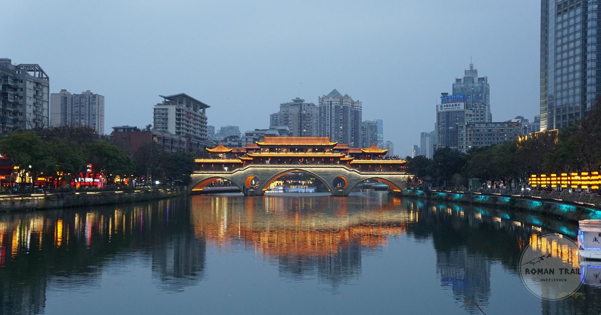 Anshun Bridge lit at night over the river in Chengdu, China