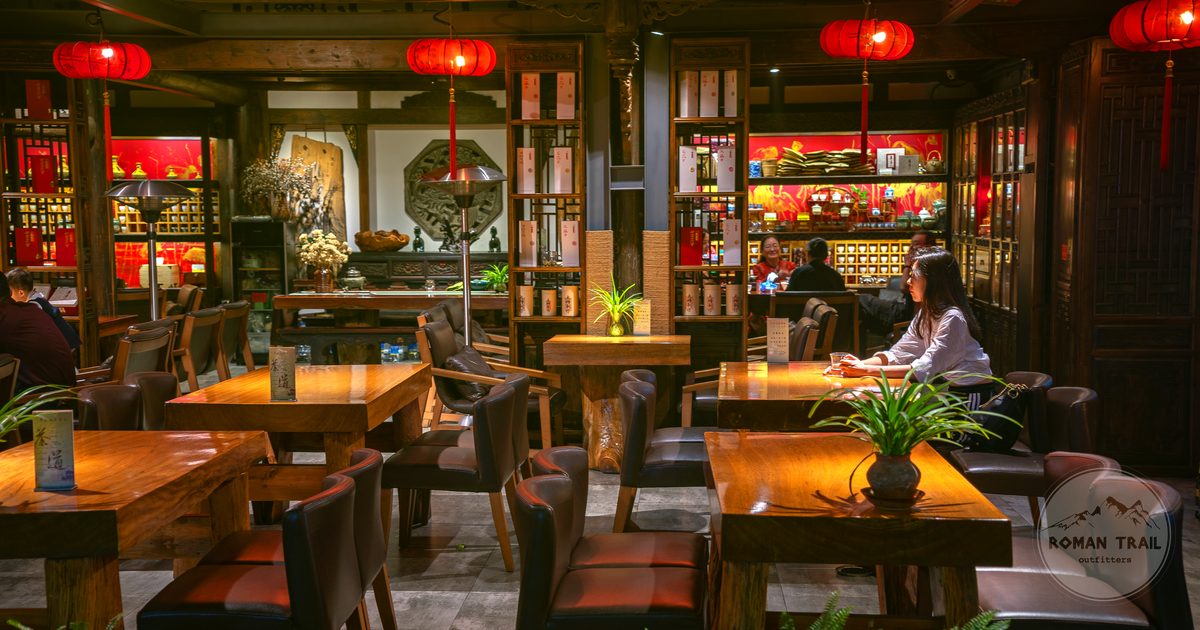 The warm interior of a traditional teahouse in Chengdu, Sichuan, China