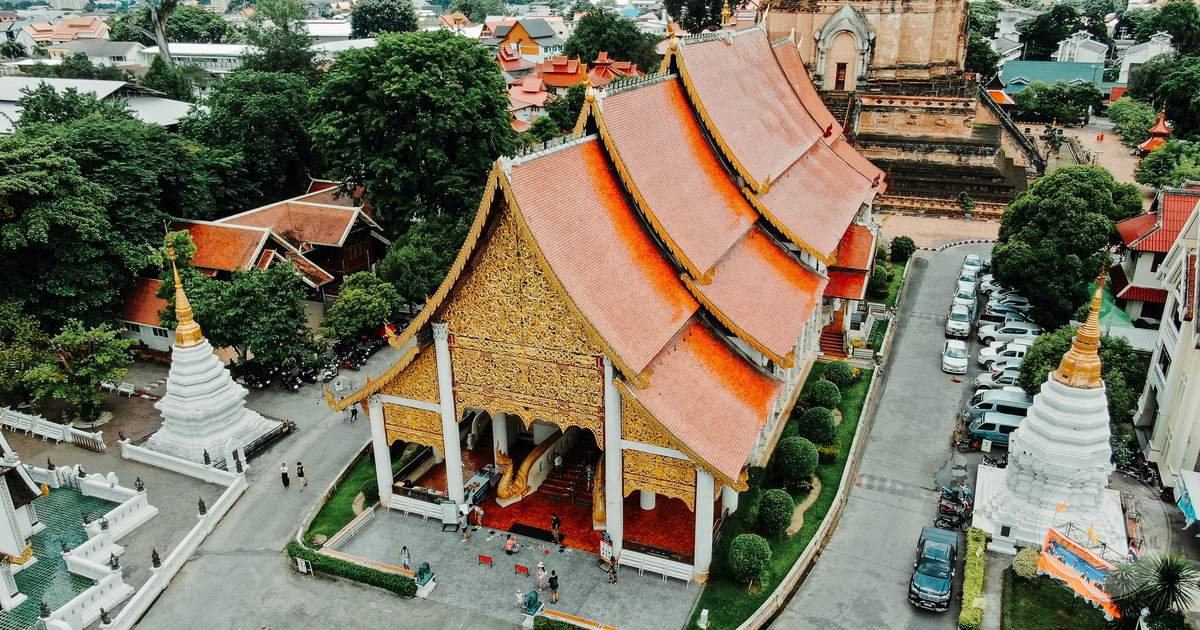 Aerial view of Wat Chedi Luang in Chiang Mai, Thailand