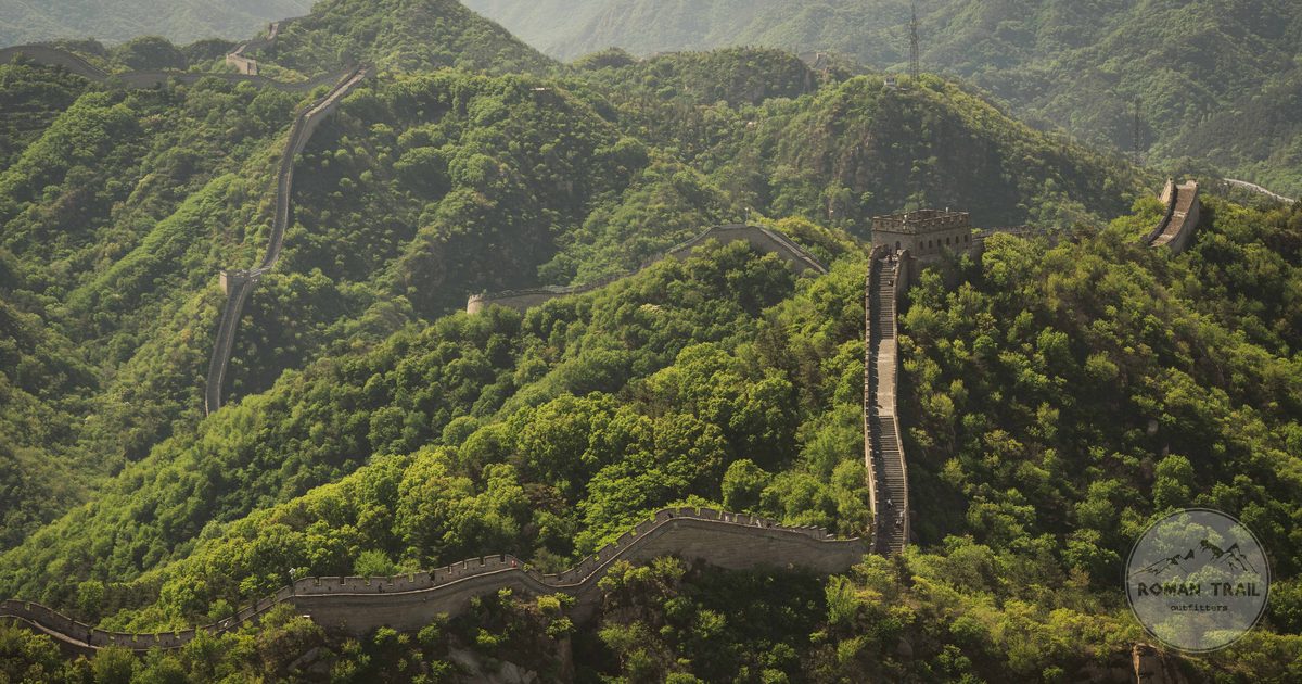 Aerial view of the Great Wall of China winding through mountains