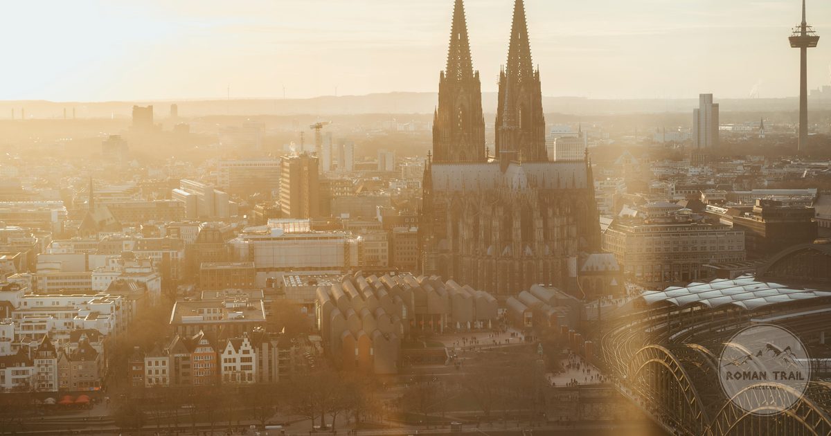 Aerial view of Cologne Cathedral at sunrise above the Rhine, Germany