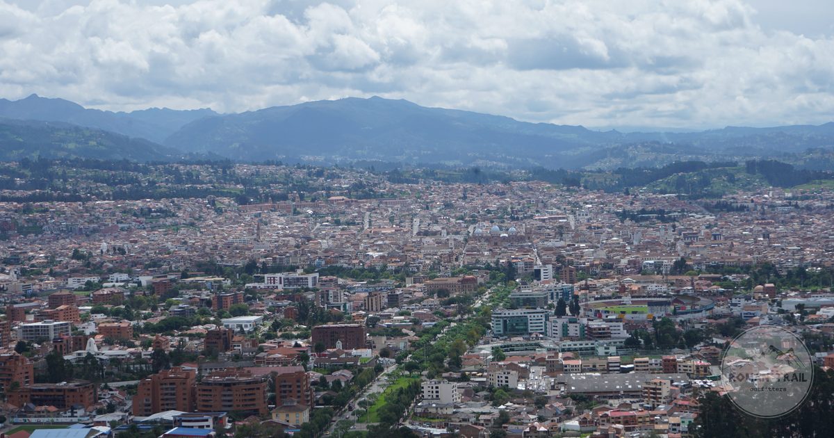 Aerial view of Cuenca, Ecuador with the mountains behind it