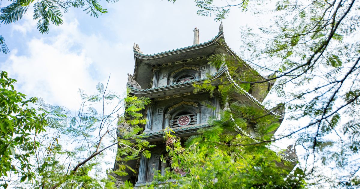 A pagoda among greenery in the Marble Mountains, Da Nang, Vietnam