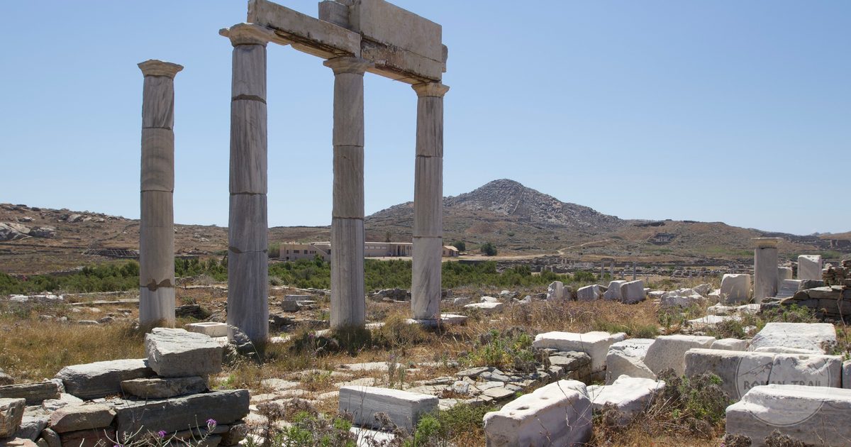 Ancient ruins on the archaeological island of Delos, Greece
