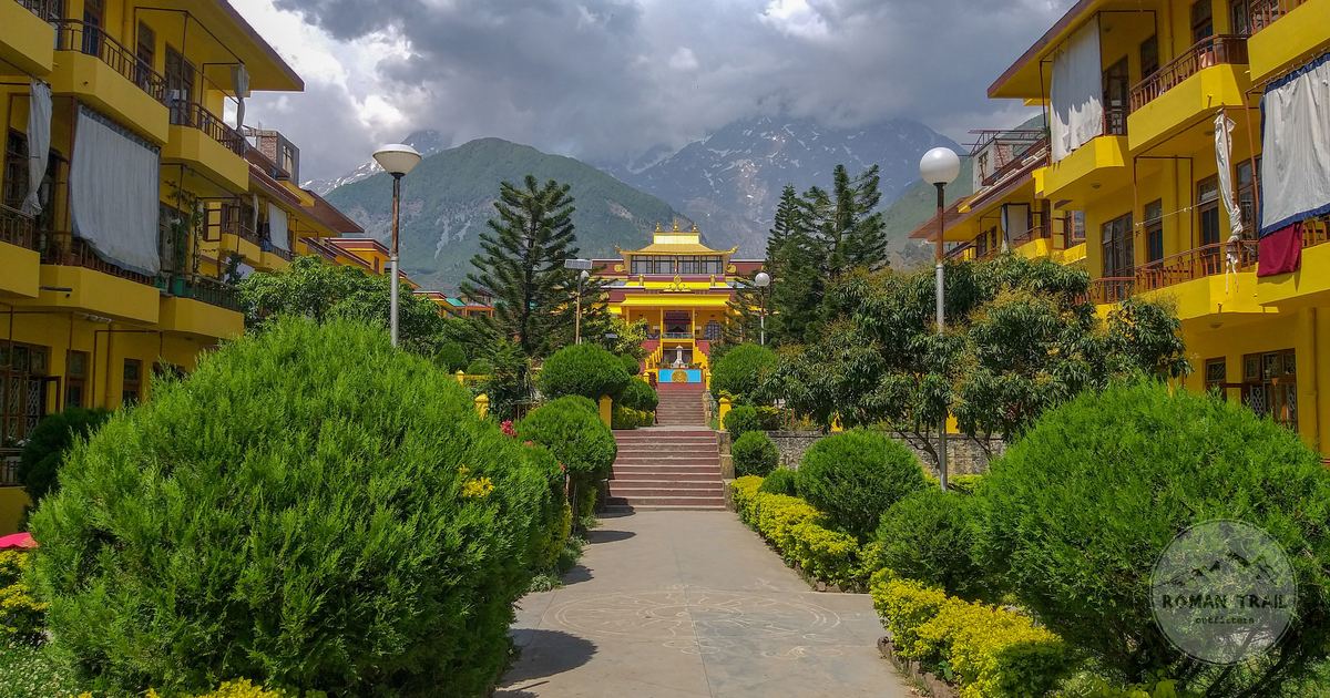 A Buddhist monastery among green hills at Dharamshala, Himachal Pradesh, India