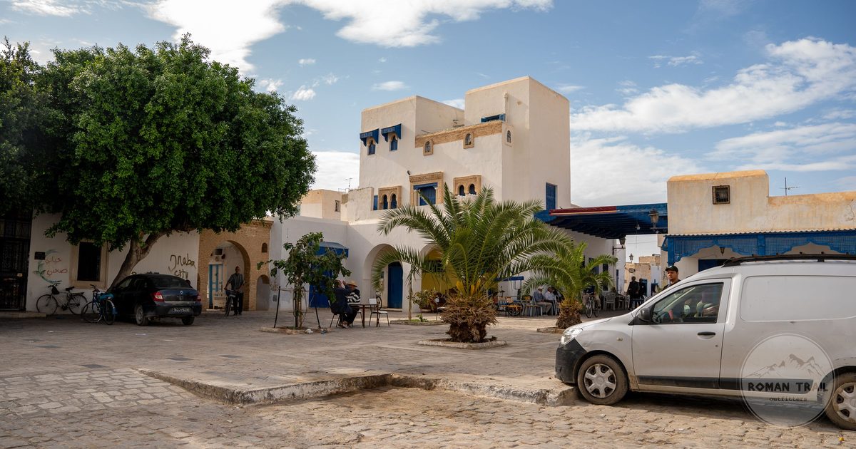 A street of traditional whitewashed architecture in Djerba, Tunisia