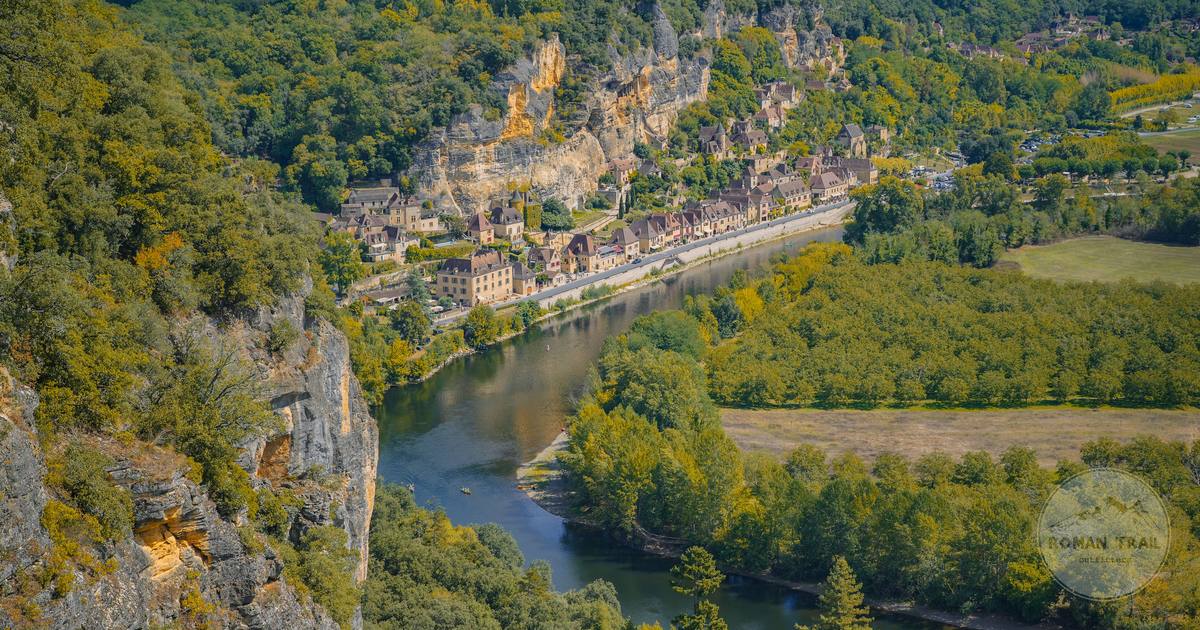 Aerial view of the Dordogne valley and its winding river, France