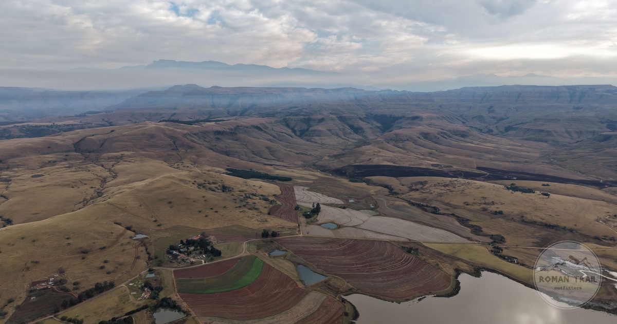Aerial view over the Drakensberg mountains and farmland, South Africa