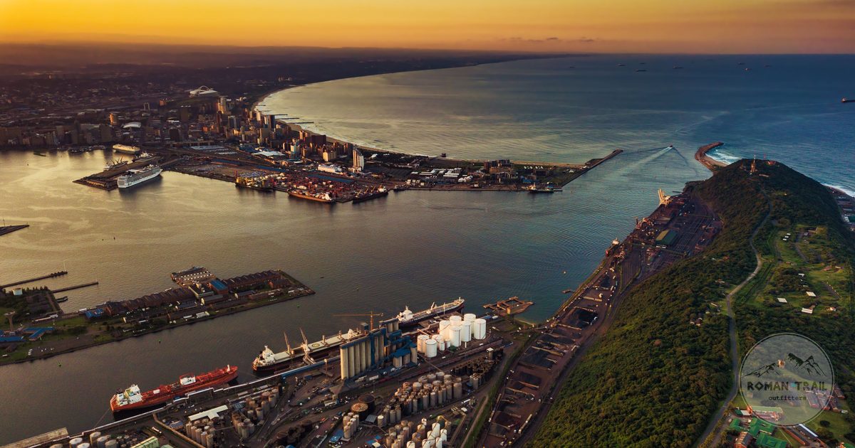 Aerial view of Durban harbour and the city skyline at sunset, South Africa